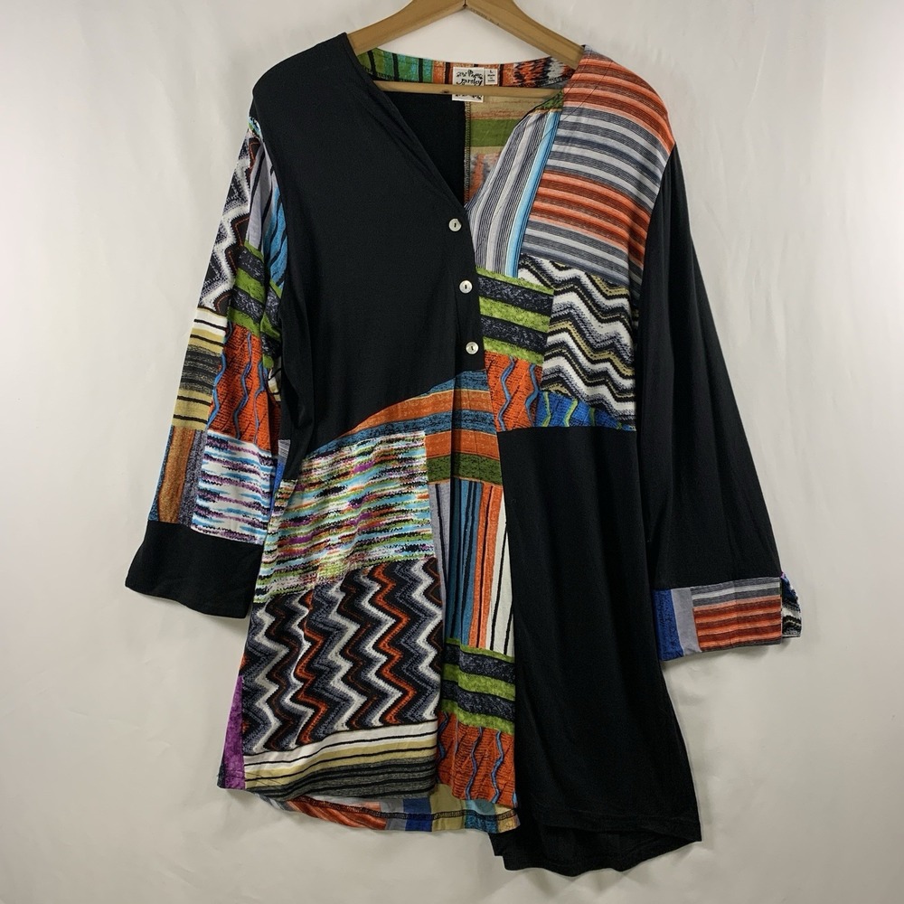Parsley & Sage Womens Patchwork Print Jersey Tunic Top Sz L Artsy Boho Lagenlook